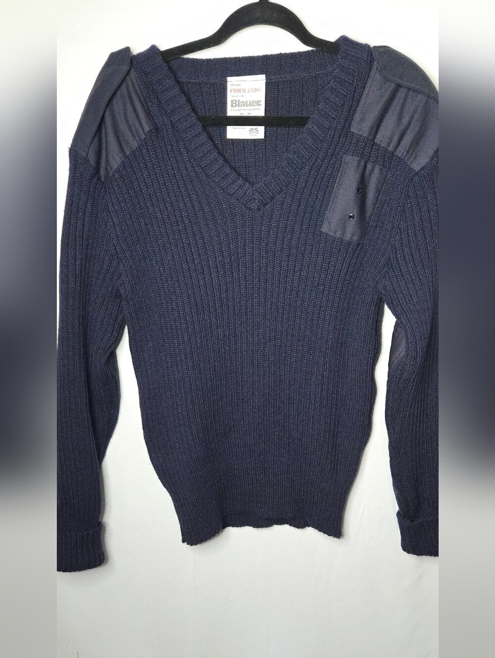 Commando Sweater By Blauer Military Navy Ribbed V-Neck Wool Sweater Mens L